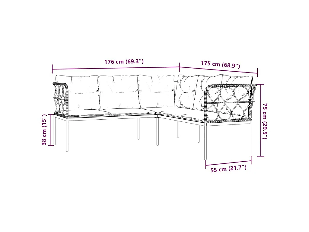 Loungeset met kussens staal en textileen zwart