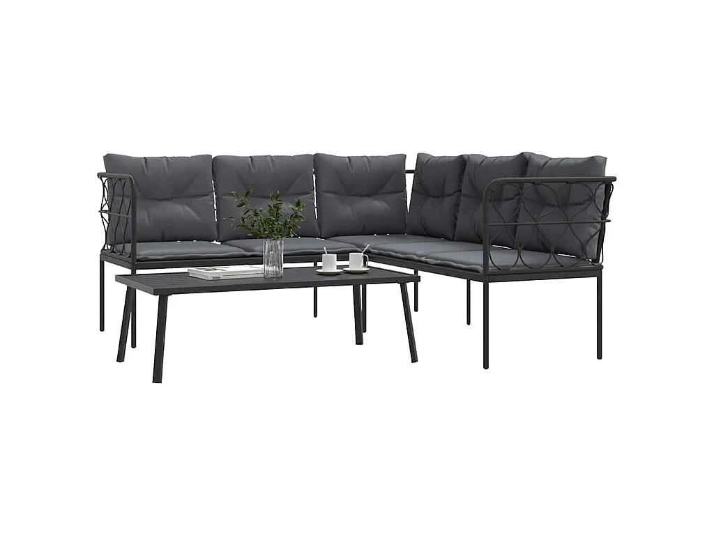 Loungeset met kussens staal en textileen zwart