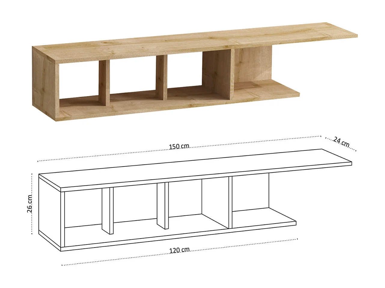 Mesa de tv Kailua 1460, Roble, 150x26x24cm