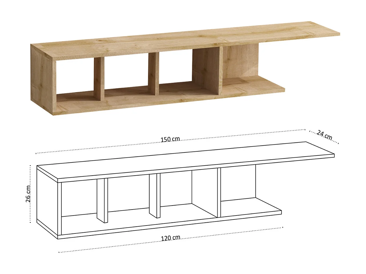 Mesa de tv Kailua 1460, Roble, 150x26x24cm