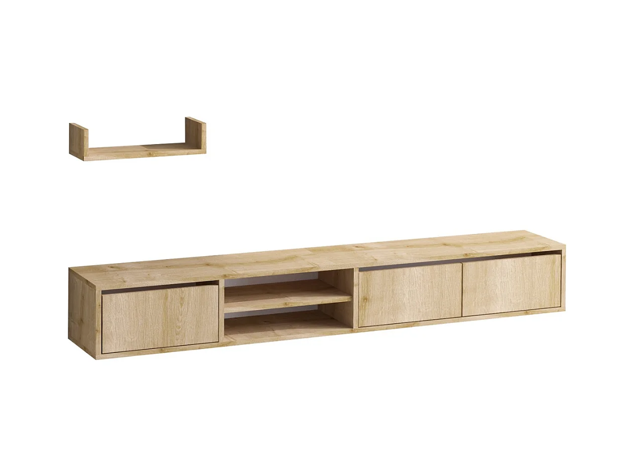 Meuble suspendu TV 3 portes 2 niches décor chêne saphir L180 cm - HEKA