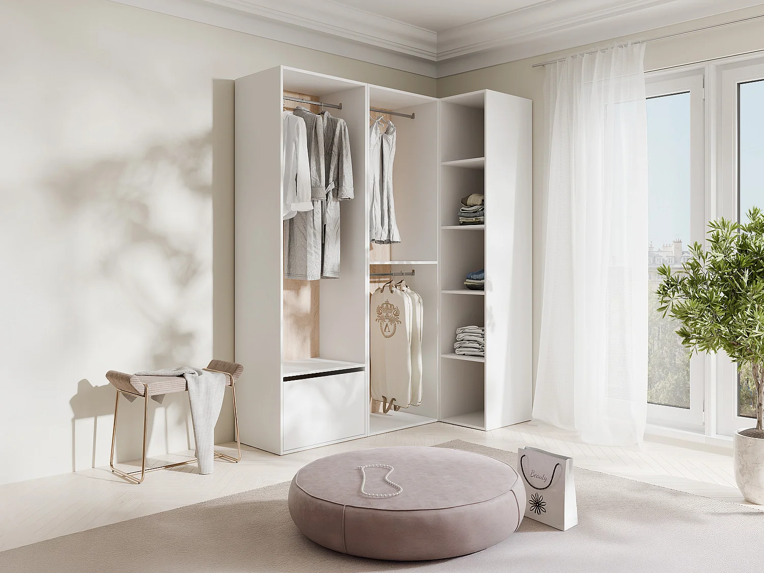 Dressing d'angle modulable - L144,5 cm - Blanc et naturel - TAMOKA