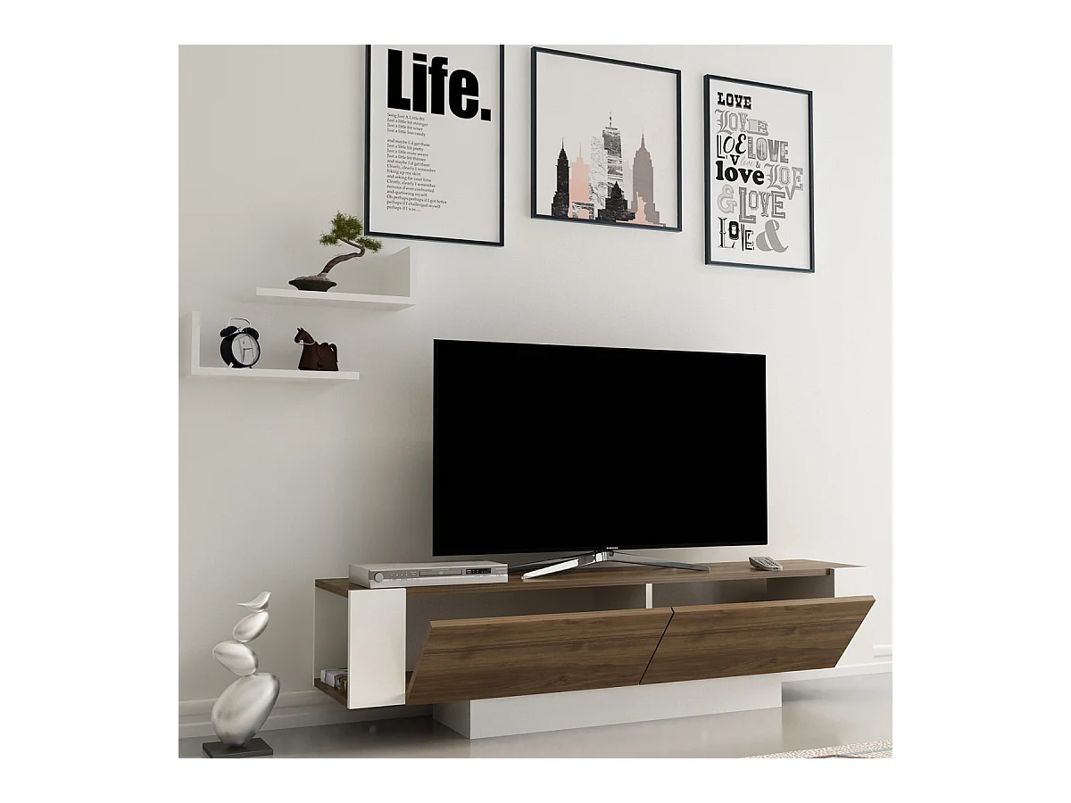 TV-Schrank 2 Türen Nussbaum und Weiß Dekor L150 cm - MATERA