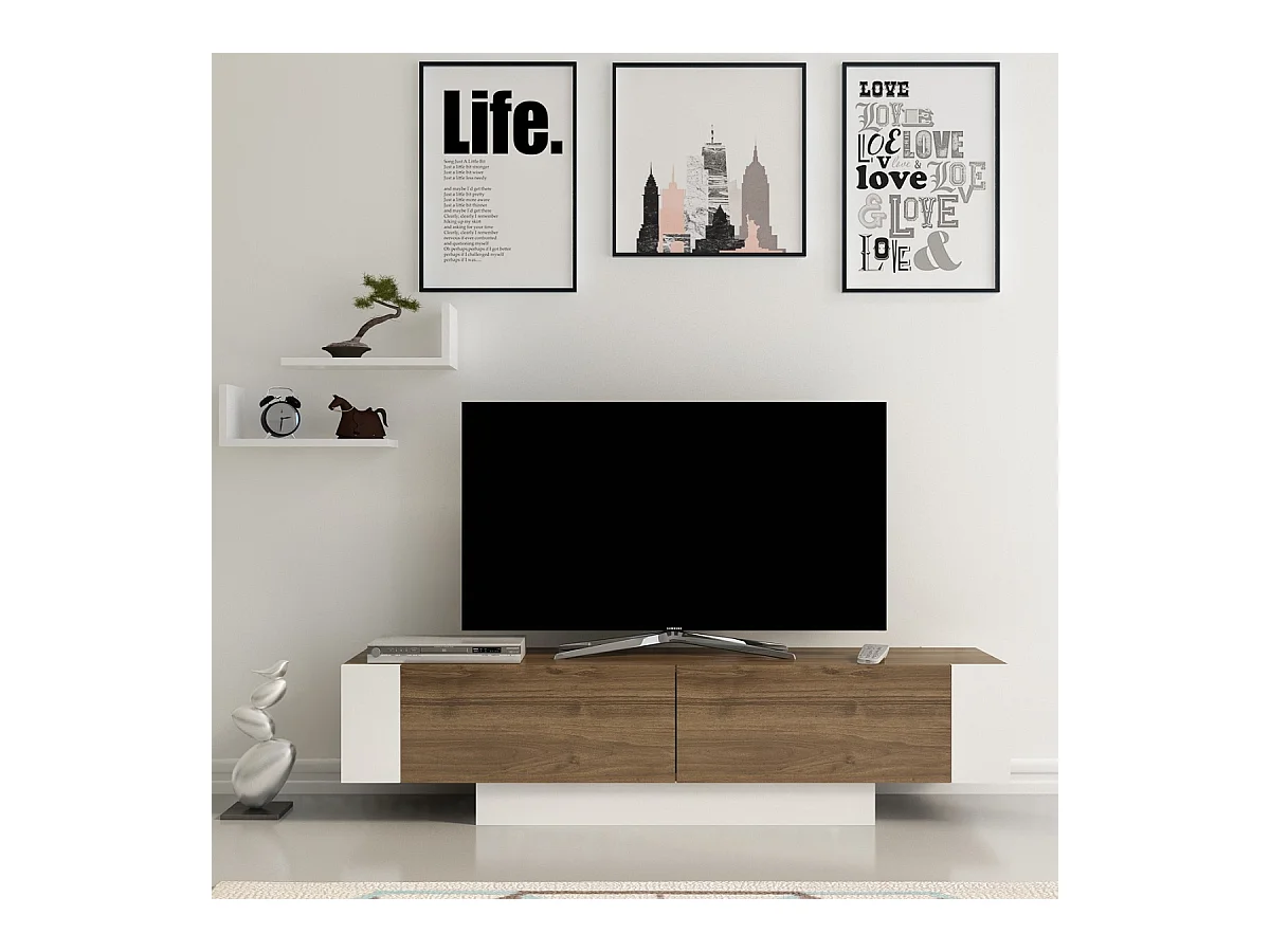 TV-Schrank 2 Türen Nussbaum und Weiß Dekor L150 cm - MATERA