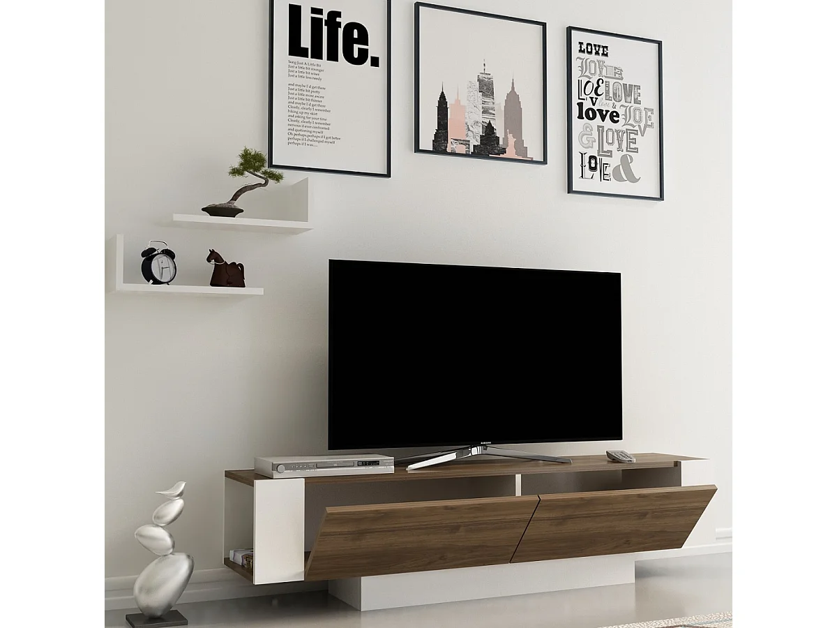 Meuble TV 2 portes décor noyer et blanc L150 cm - MATERA