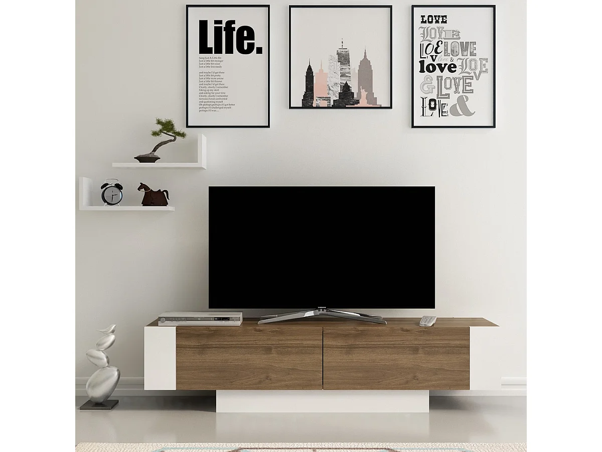 Meuble TV 2 portes décor noyer et blanc L150 cm - MATERA