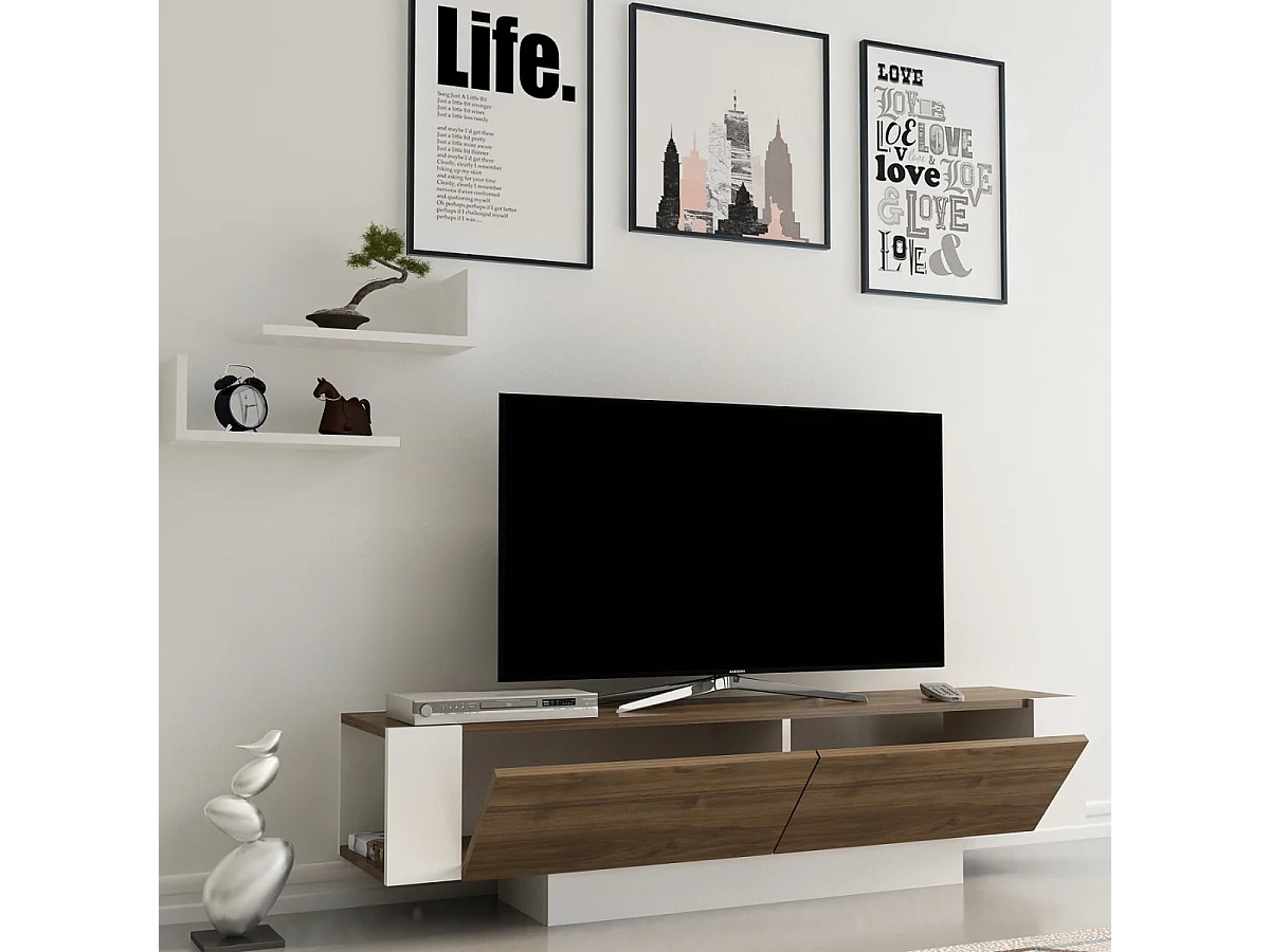 Meuble TV 2 portes décor noyer et blanc L150 cm - MATERA