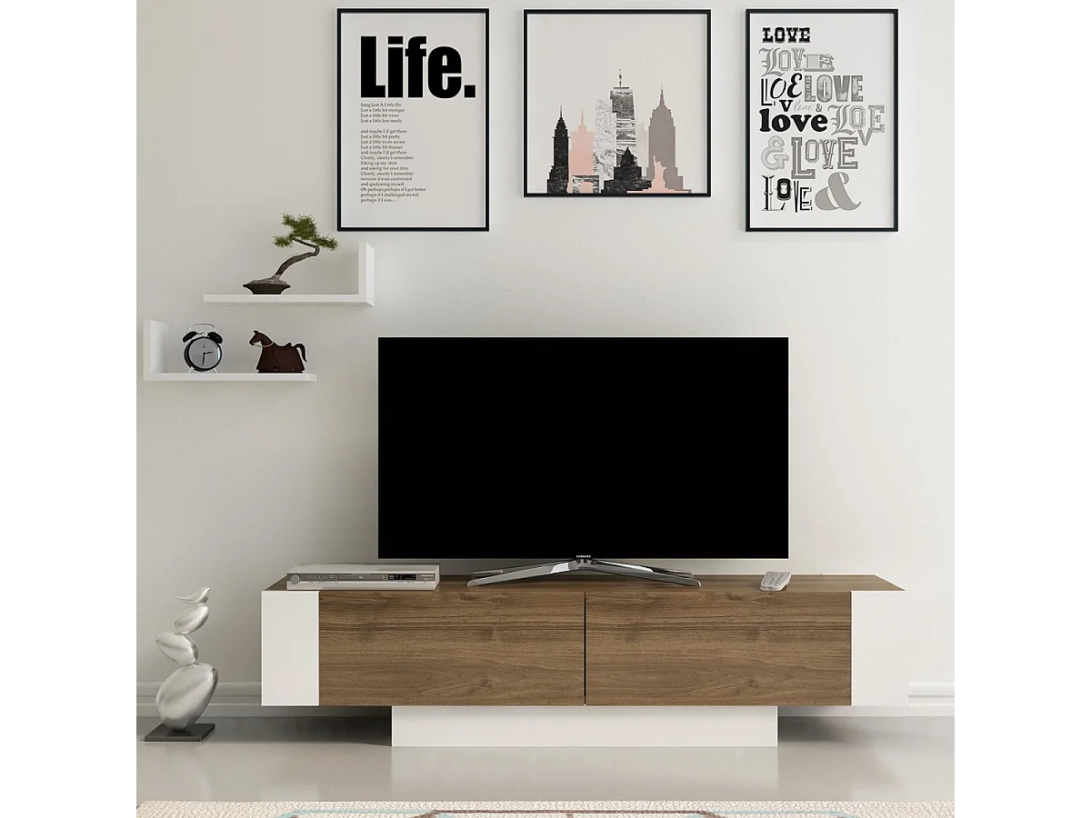 Meuble TV 2 portes décor noyer et blanc L150 cm - MATERA