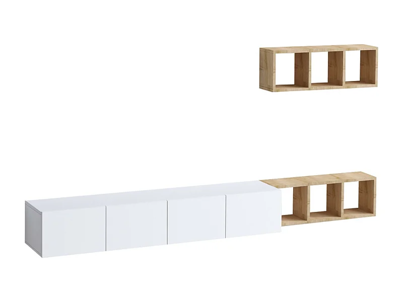 Mueble de TV 4 puertas blanco con estantería de roble L215 cm - PIA