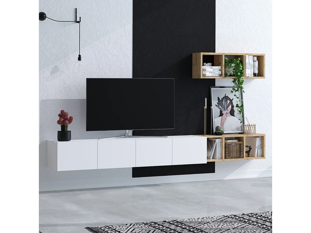 Mueble de TV 4 puertas blanco con estantería de roble L215 cm - PIA
