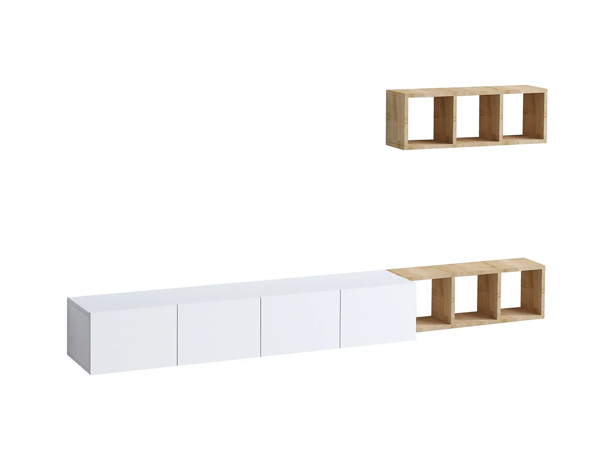 TV-Schrank 4 Türen Weiß mit Eichenregal L215 cm - PIA