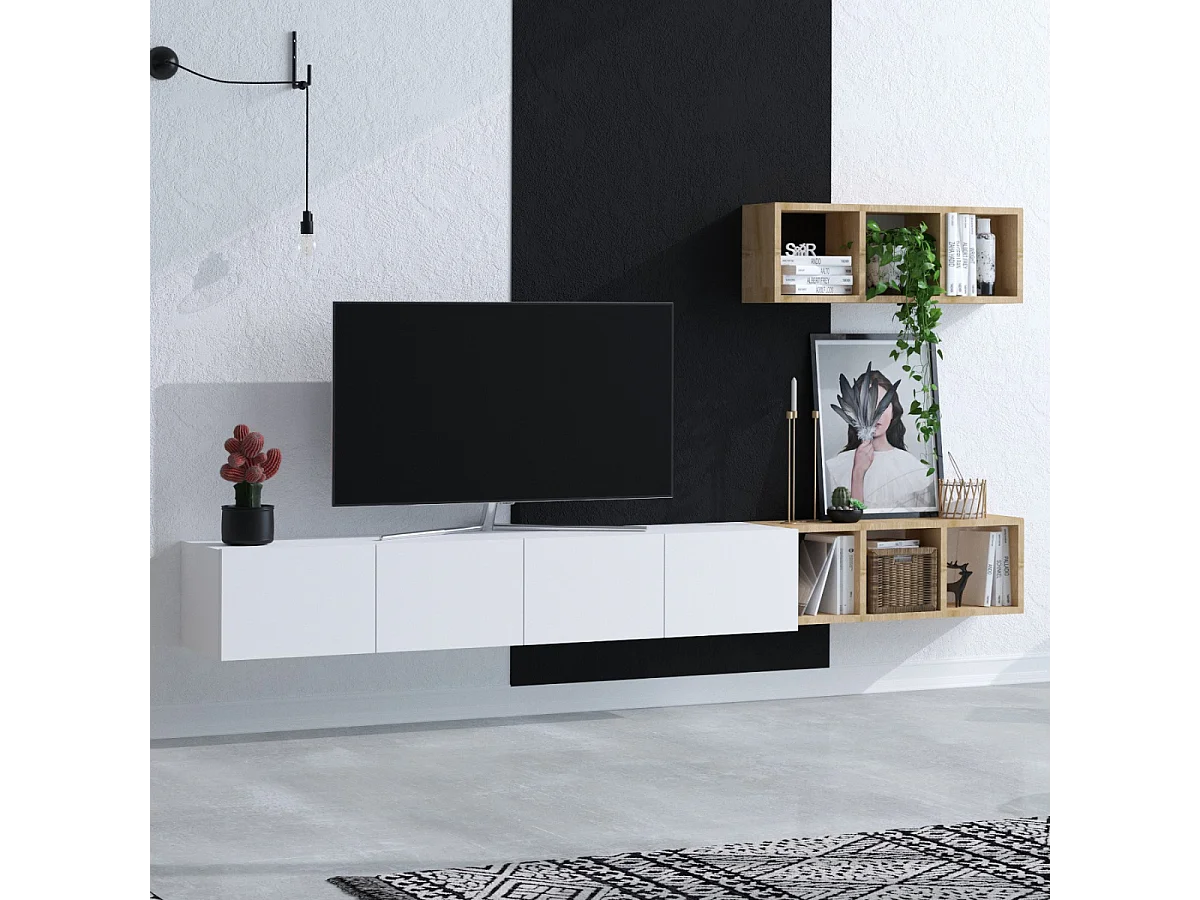 Mueble de TV 4 puertas blanco con estantería de roble L215 cm - PIA