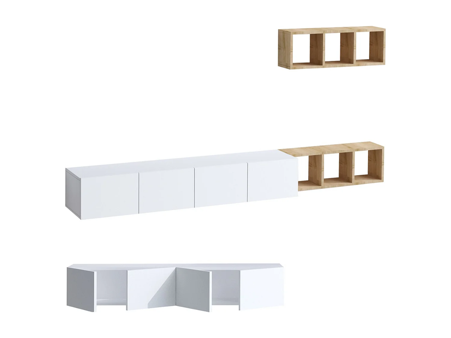 Mueble de TV 4 puertas blanco con estantería de roble L215 cm - PIA