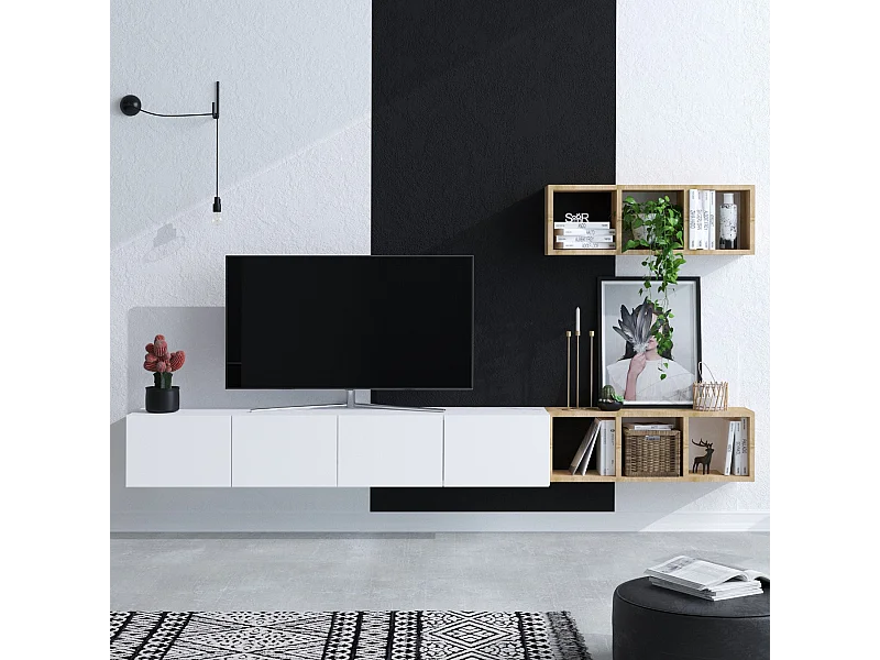 Mobile TV 4 ante bianco con scaffale rovere L215 cm - PIA