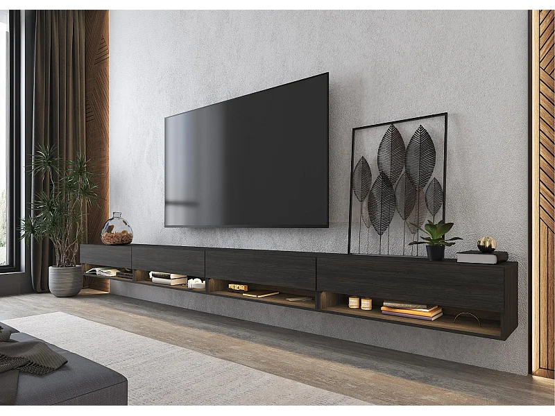 Meuble TV, Banc Télé, 360x34x30cm, LED, Meubles de salon, Noir