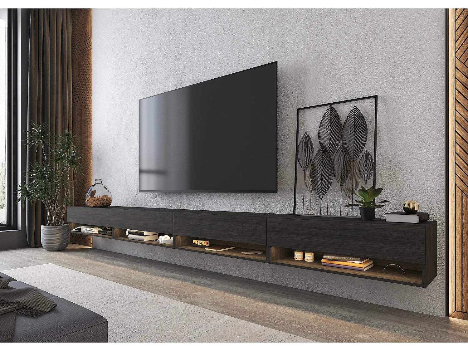 Meuble TV, Banc Télé, 360x34x30cm, LED, Meubles de salon, Noir