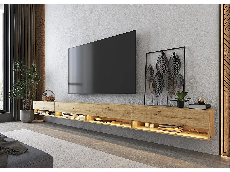 Meuble TV, Banc Télé, 360x34x30cm, LED, Meubles de salon, Chêne