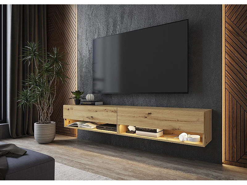 TV-Schrank, Lowboard, 180x30x34cm, LED, Fernsehtisch, Eiche