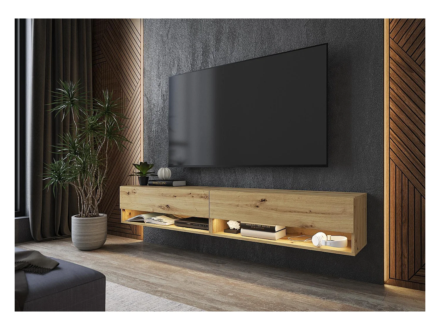 Meuble TV, Banc Télé, 180x34x30cm, LED, Meubles de salon, Chêne