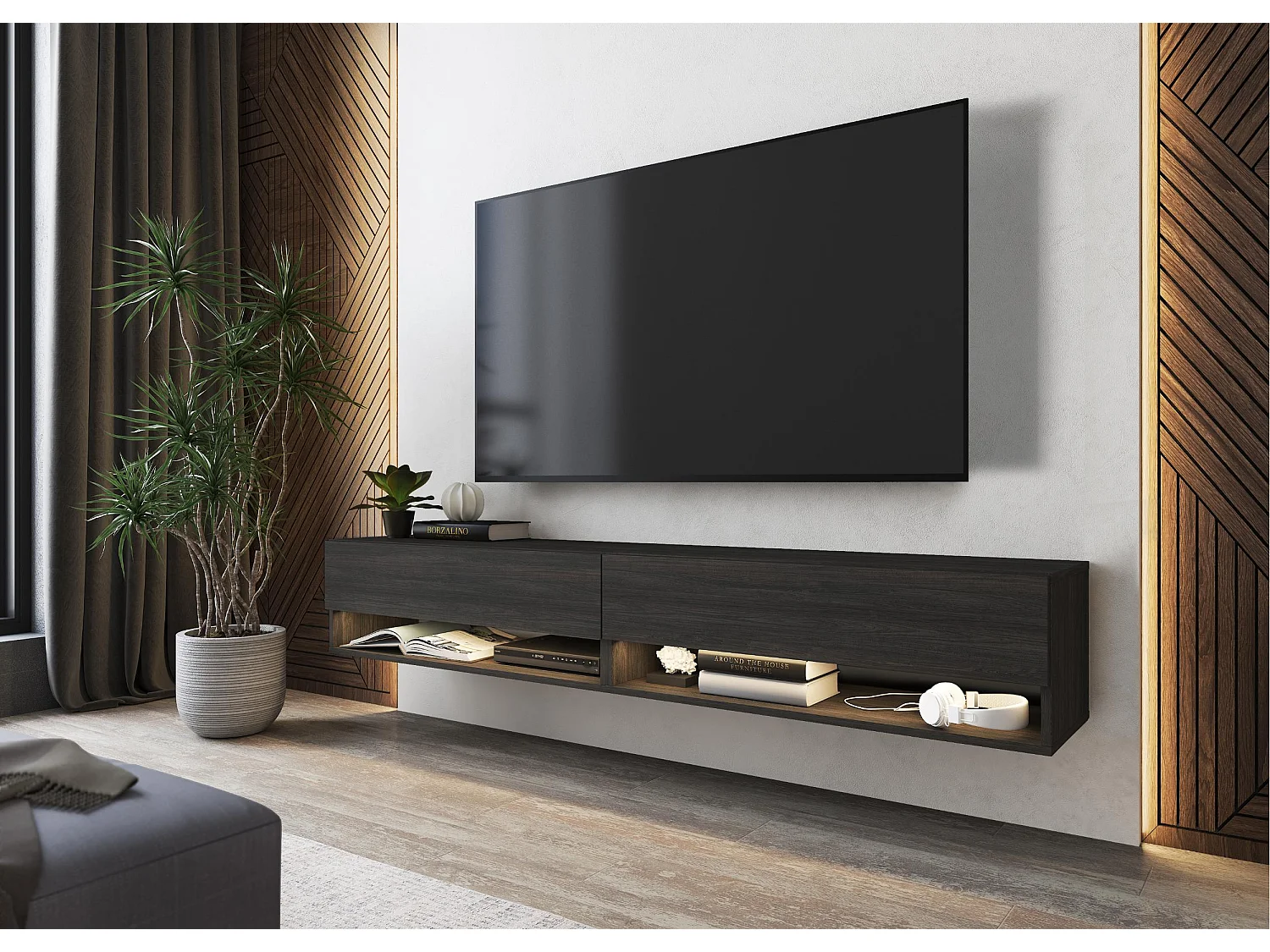 Meuble TV, Banc Télé, 180x34x30cm, LED, Meubles de salon, Noir
