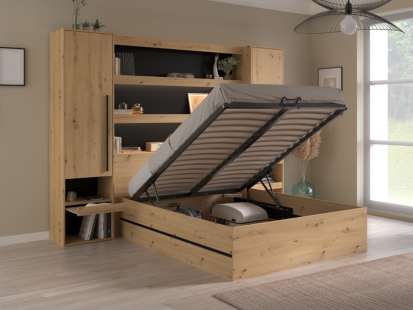 Bed met opbergruimte en brug 140 x 190 cm in houtlook en zwart - LUDARO