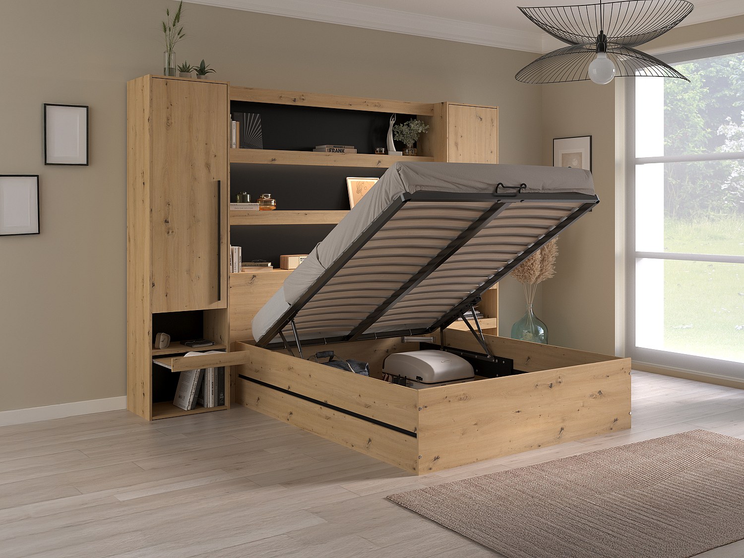Vente-unique Bett Mit Bettkasten & Überbau - 140 X 190 Cm - Holzfarben & Schwarz - Ludaro