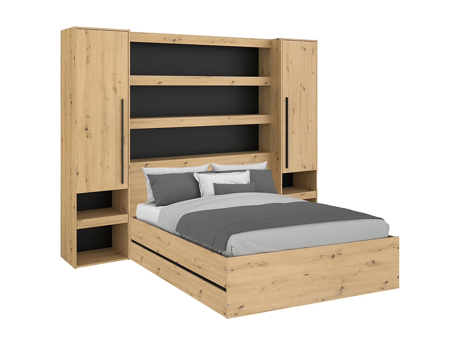 Letto con contenitore e ponte 140 x 190 cm Naturale e Nero  - LUDARO