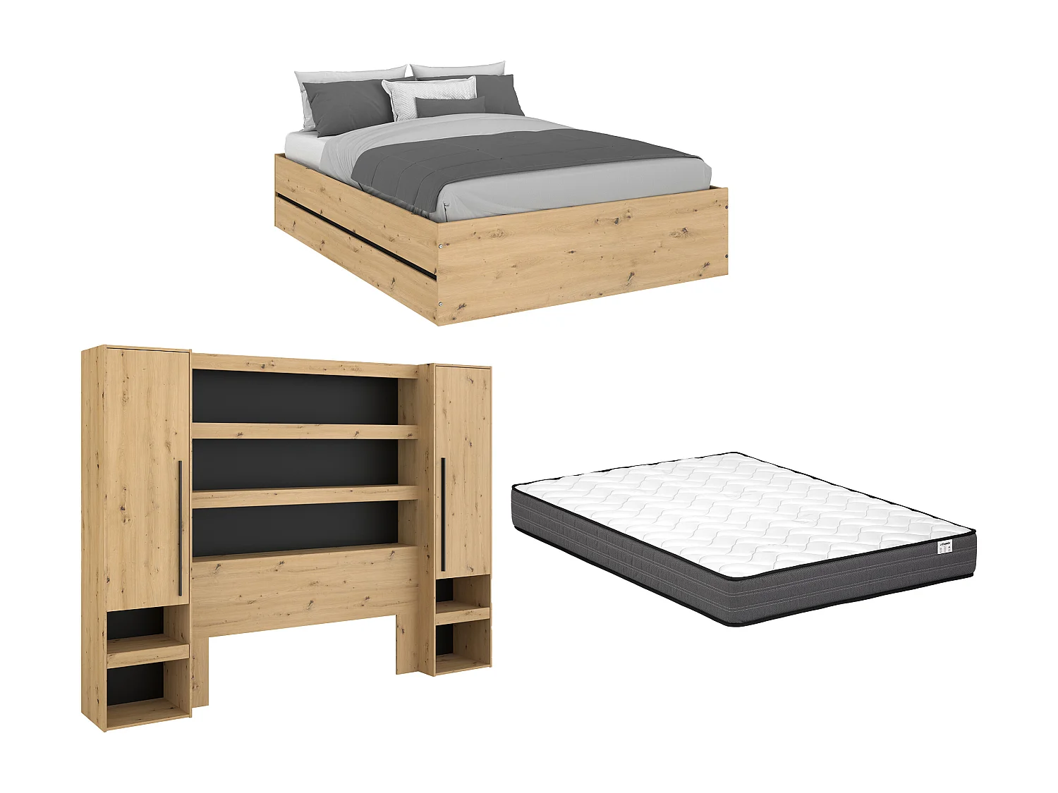Lit coffre avec pont 140 x 190 cm - Coloris : Naturel et noir + Matelas - LUDARO