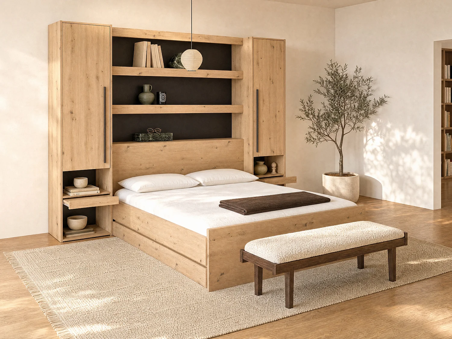 Storage bed with bridge 140 x 190 cm - Colour: Natural and black + Mattress - LUDARO