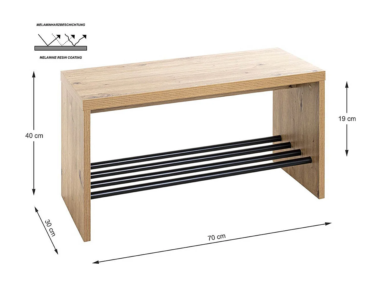 Banc à chaussures, meuble à chaussures en bois coloris chêne et métal noir  -longueur 70 x profondeur 30  x hauteur 40 cm