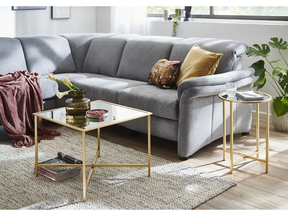 Table d'appoint, table de salon en verre trempé et métal coloris doré - diamètre 39 x hauteur 35 cm