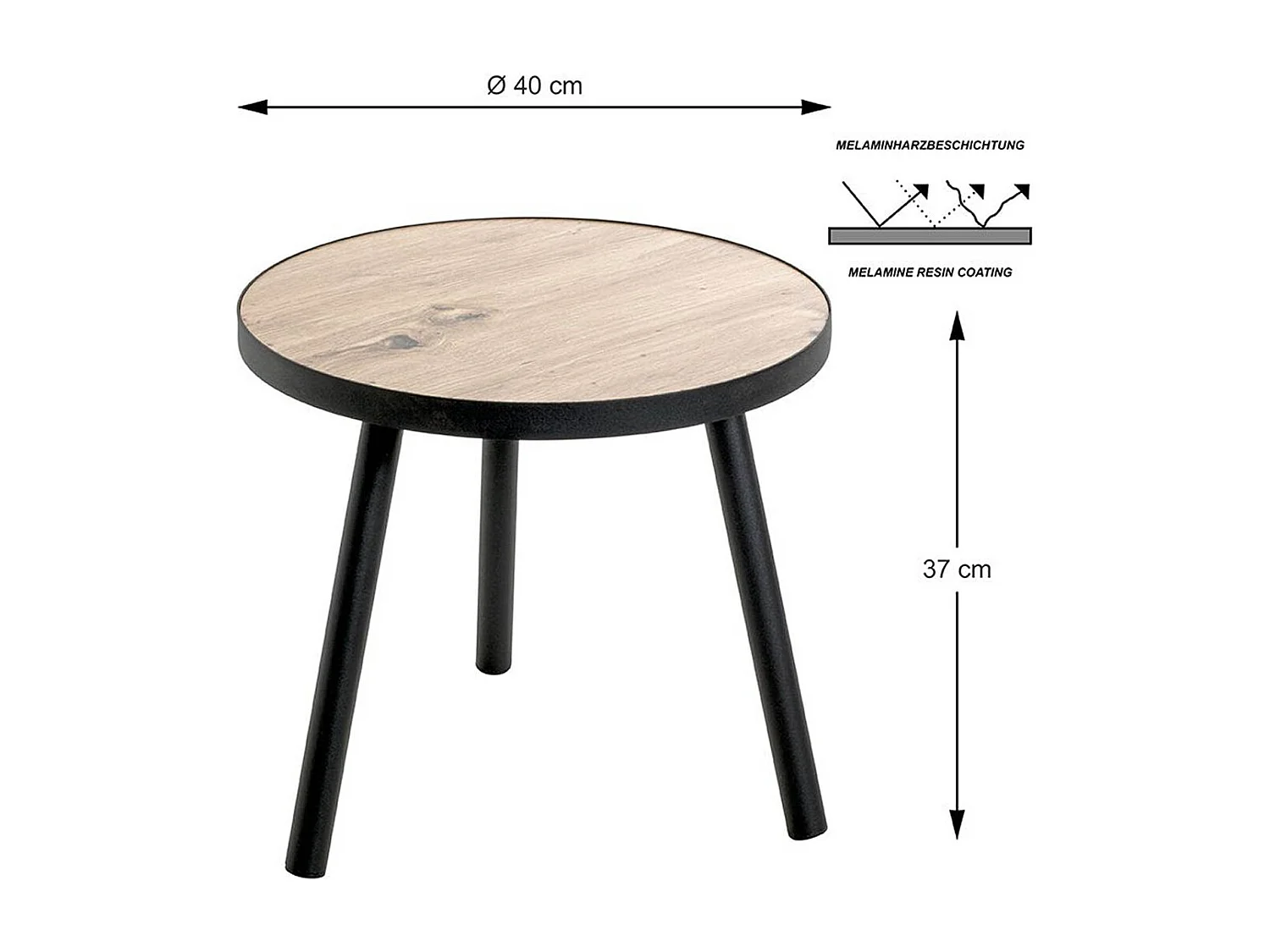 Table d'appoint, table de salon en bois coloris chêne et métal noir  - diamètre 40 x hauteur 37 cm