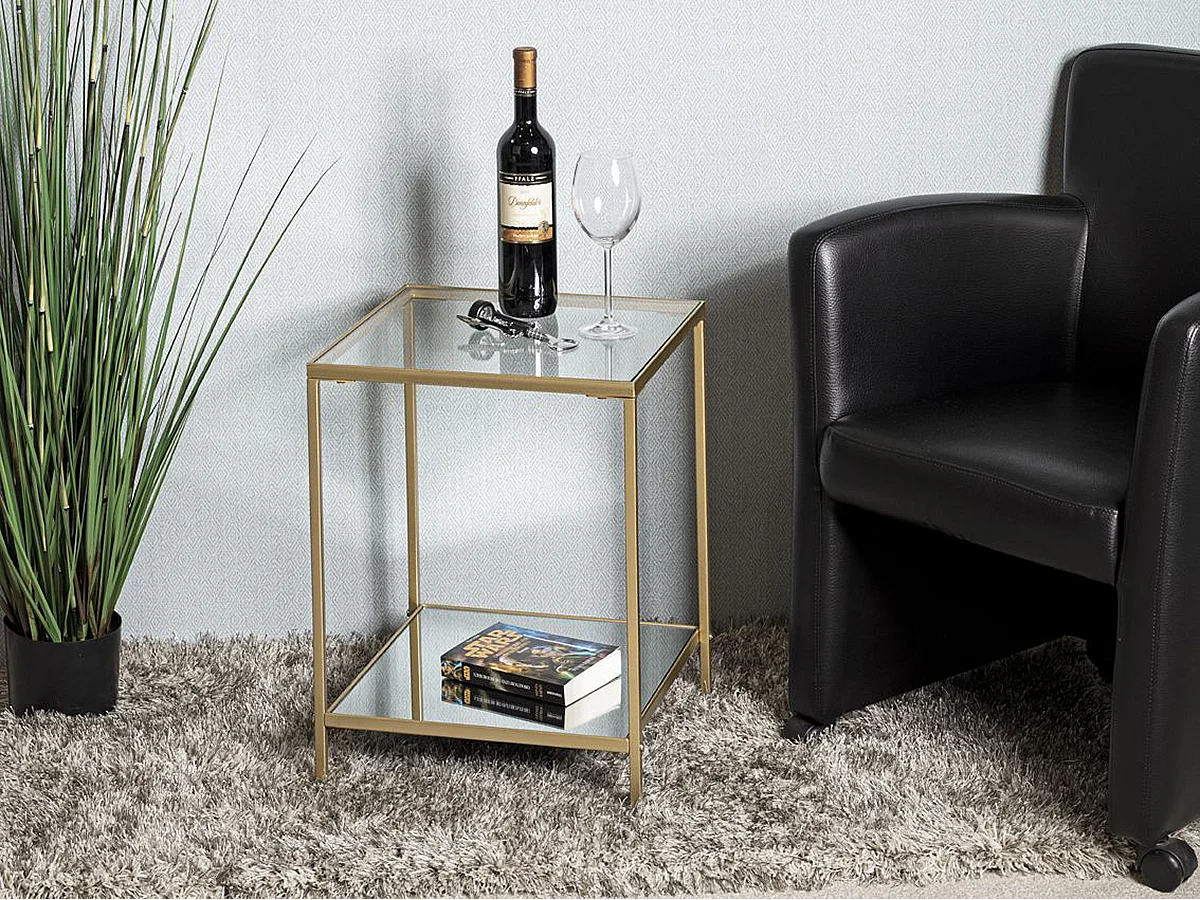 Table d'appoint, table de salon en métal coloris doré et verre trempé -longueur 39 x profondeur 39 x hauteur 55 cm