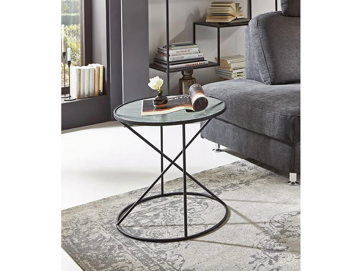 Table d'appoint, table de salon en verre trempé et métal coloris noir - diamètre 50 x hauteur 50  cm
