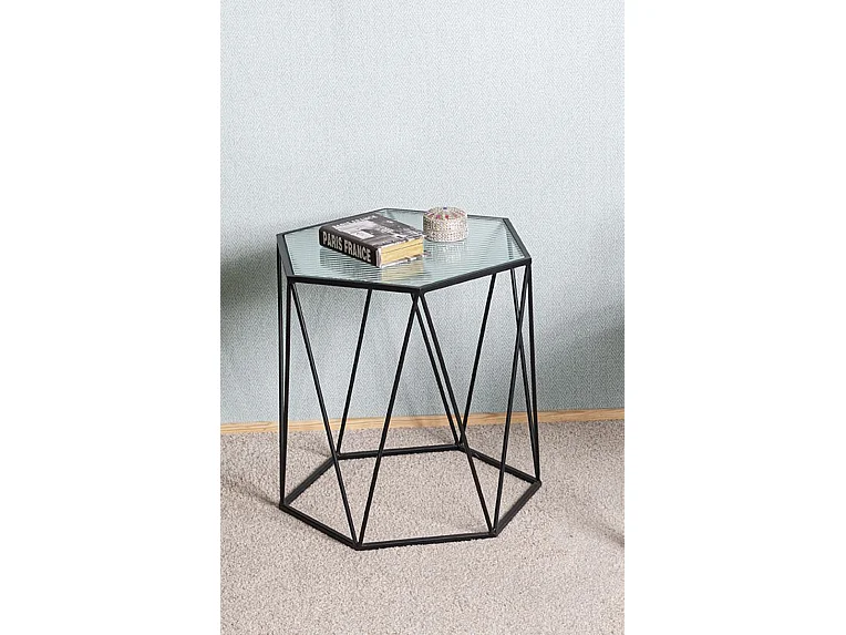 Table d'appoint, table de salon en verre trempé, pieds en métal noir -longueur 46 x profondeur 40 x hauteur 46 cm