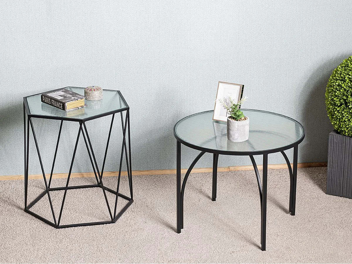 Table d'appoint, table de salon ronde en verre trempé, pieds en métal noir  - diamètre 50  x hauteur 40 cm