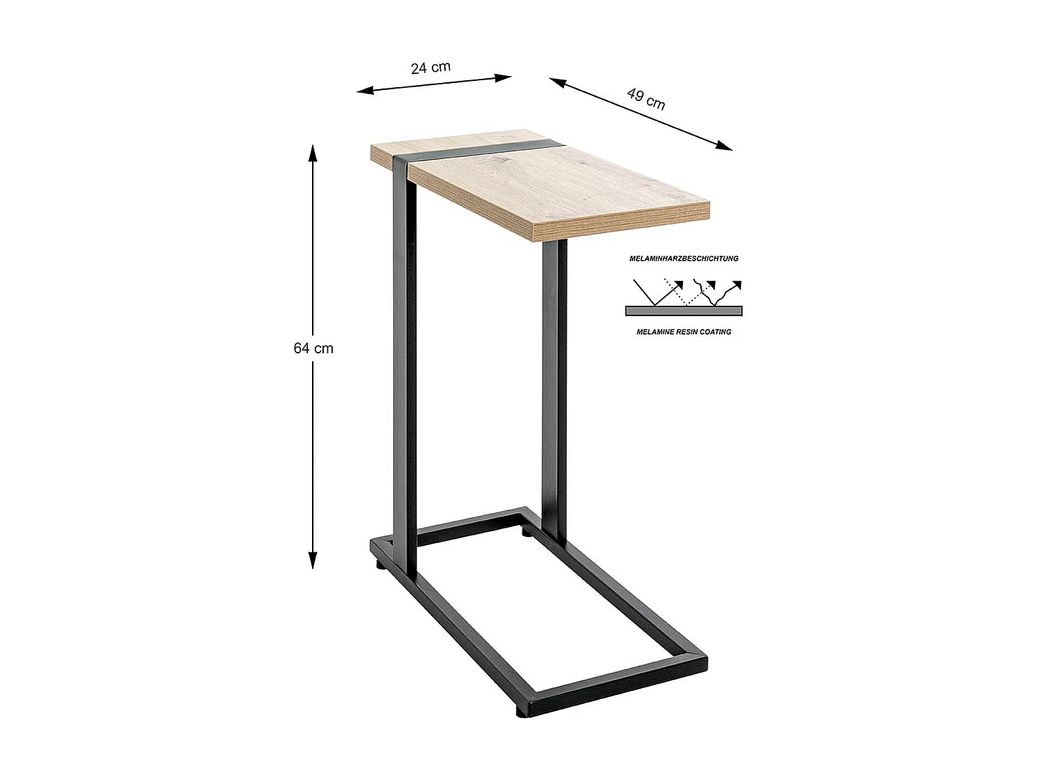 Table d'appoint, table de salon en bois coloris chêne et métal noir - longueur 24 x profondeur 49 x hauteur 64 cm