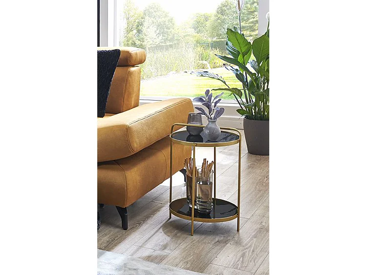 Table d'appoint, table de salon ronde en métal coloris doré et verre noir - diamètre 38 x hauteur 51 cm