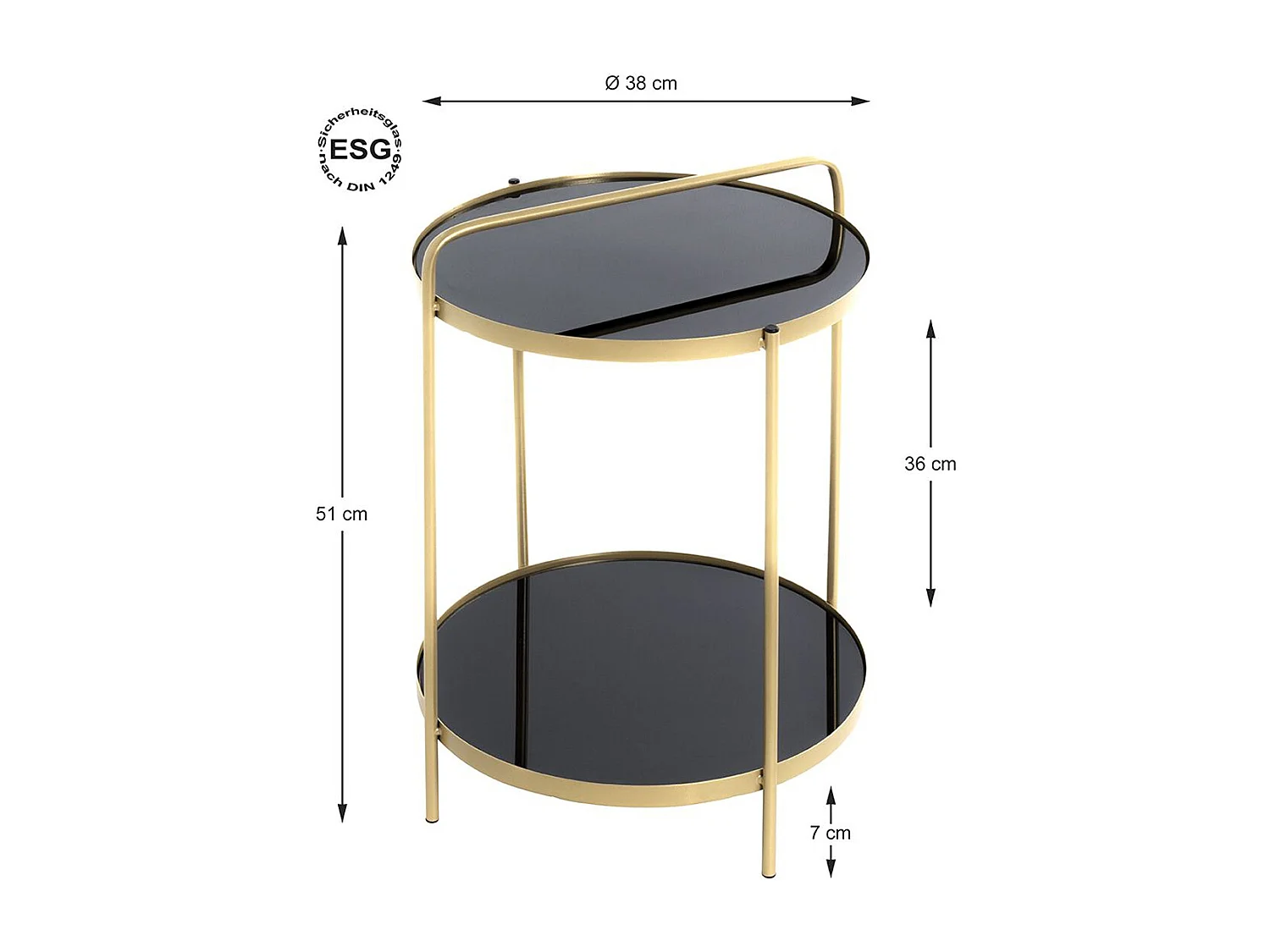 Table d'appoint, table de salon ronde en métal coloris doré et verre noir - diamètre 38 x hauteur 51 cm