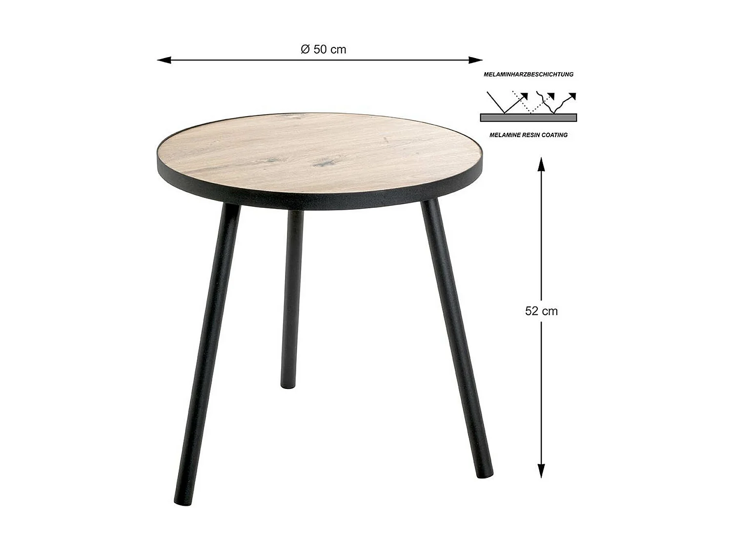 Table d'appoint, table de salon en bois coloris chêne et métal noir - diamètre 50  x hauteur 52 cm