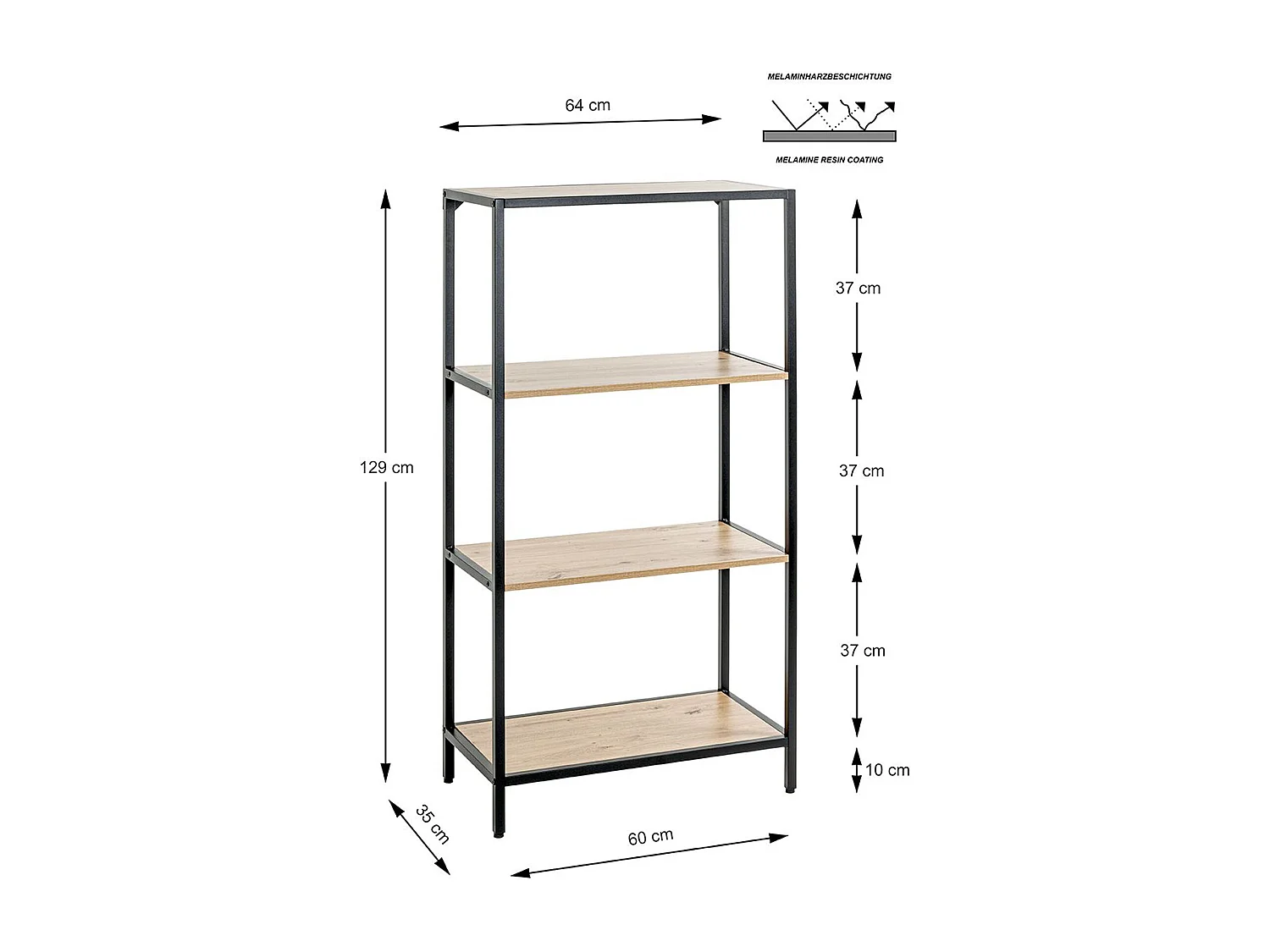 Meuble étagère, meuble de rangement en bois coloris chêne et métal noir  - longueur 64 x profondeur 35 x hauteur 129  cm