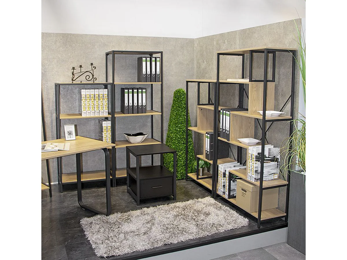 Meuble étagère, meuble de rangement en bois coloris chêne et métal noir  - longueur 64 x profondeur 35 x hauteur 129  cm