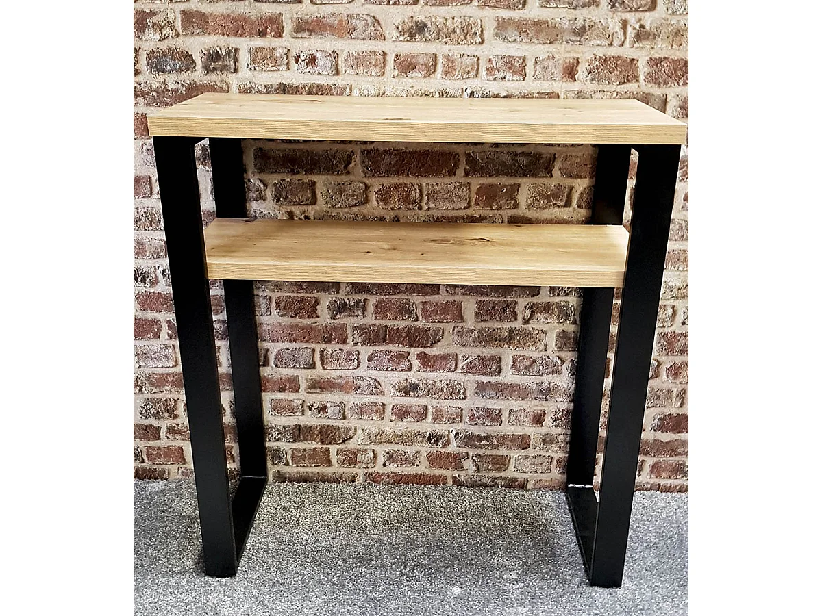Meuble console, table console en bois coloris chêne et métal noir  -longueur 70 x profondeur 28 x hauteur 75 cm