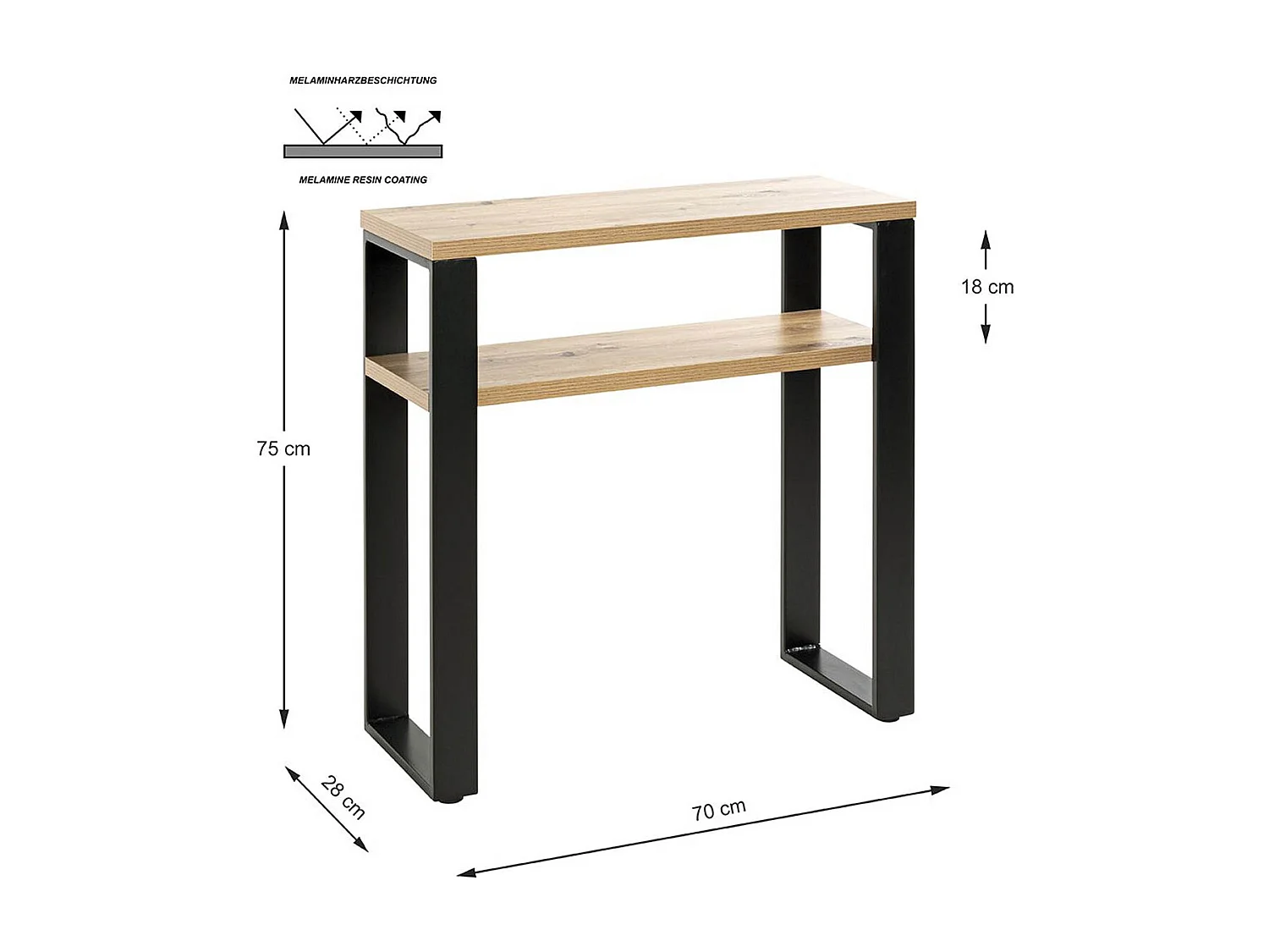 Meuble console, table console en bois coloris chêne et métal noir  -longueur 70 x profondeur 28 x hauteur 75 cm
