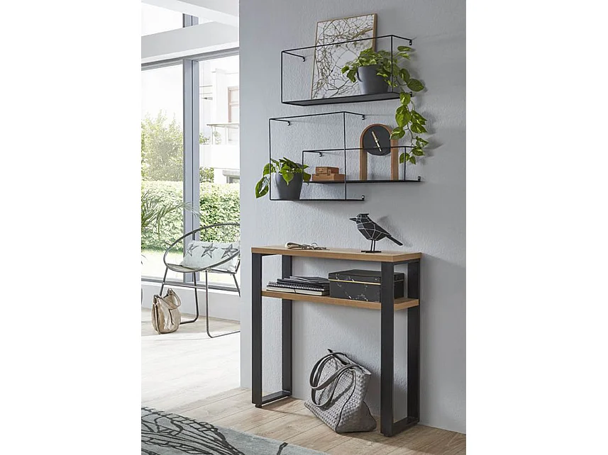 Meuble console, table console en bois coloris chêne et métal noir  -longueur 70 x profondeur 28 x hauteur 75 cm