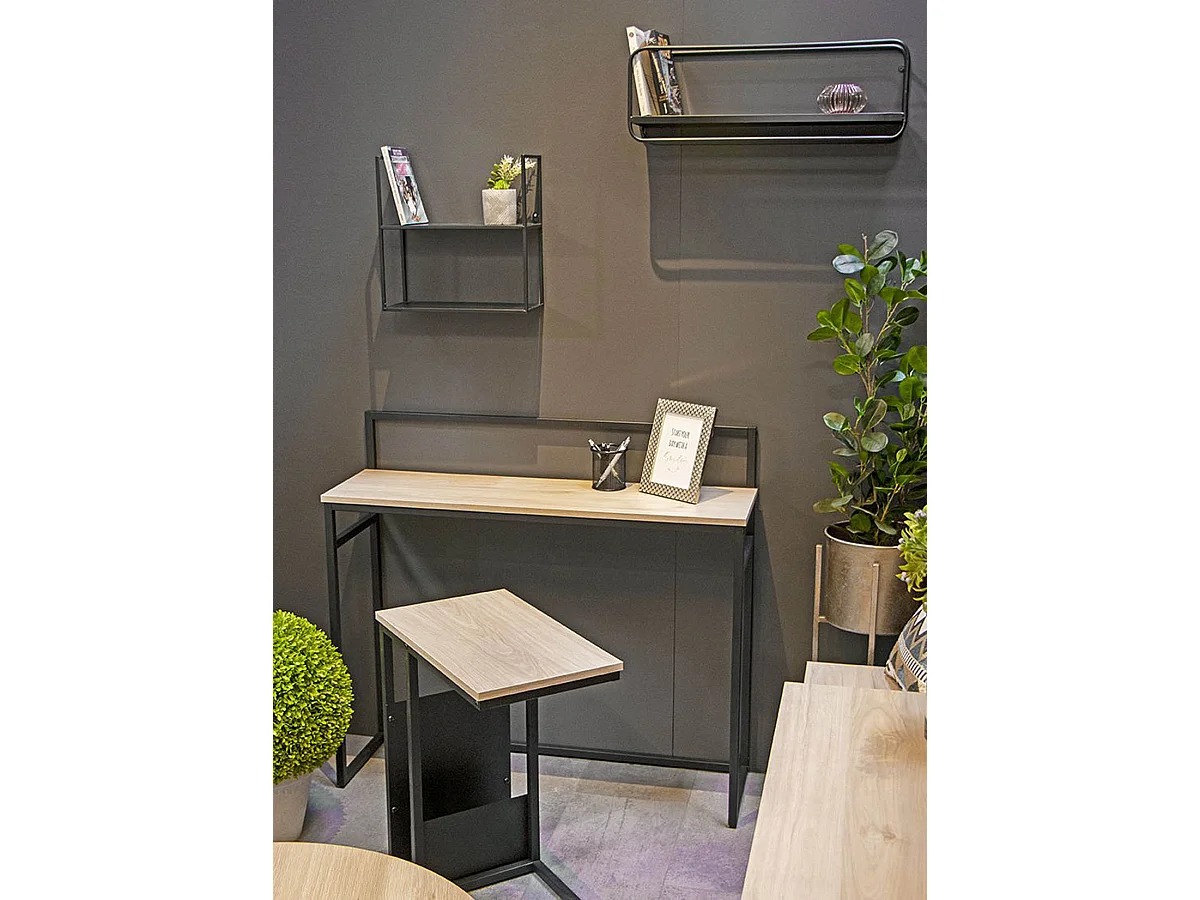 Meuble console, table console en bois coloris chêne et métal noir  -longueur 100 x profondeur 30 x hauteur 89 cm