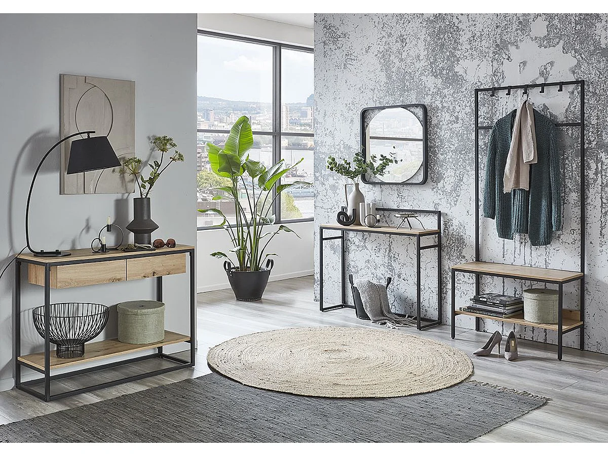 Meuble console, table console en bois coloris chêne et métal noir  -longueur 100 x profondeur 30 x hauteur 89 cm