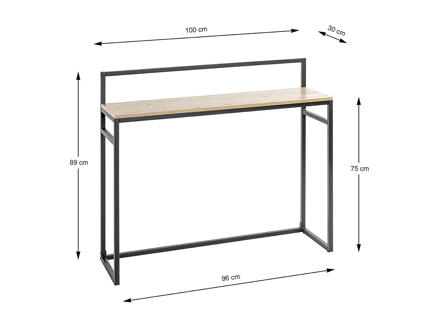 Meuble console, table console en bois coloris chêne et métal noir  -longueur 100 x profondeur 30 x hauteur 89 cm