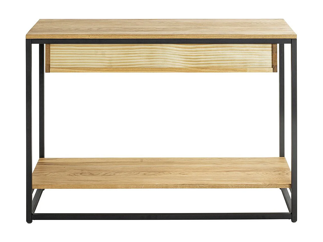 Console, meuble console en bois massif coloris chêne et métal noir -longueur  100 x profondeur  35 x hauteur  75 cm
