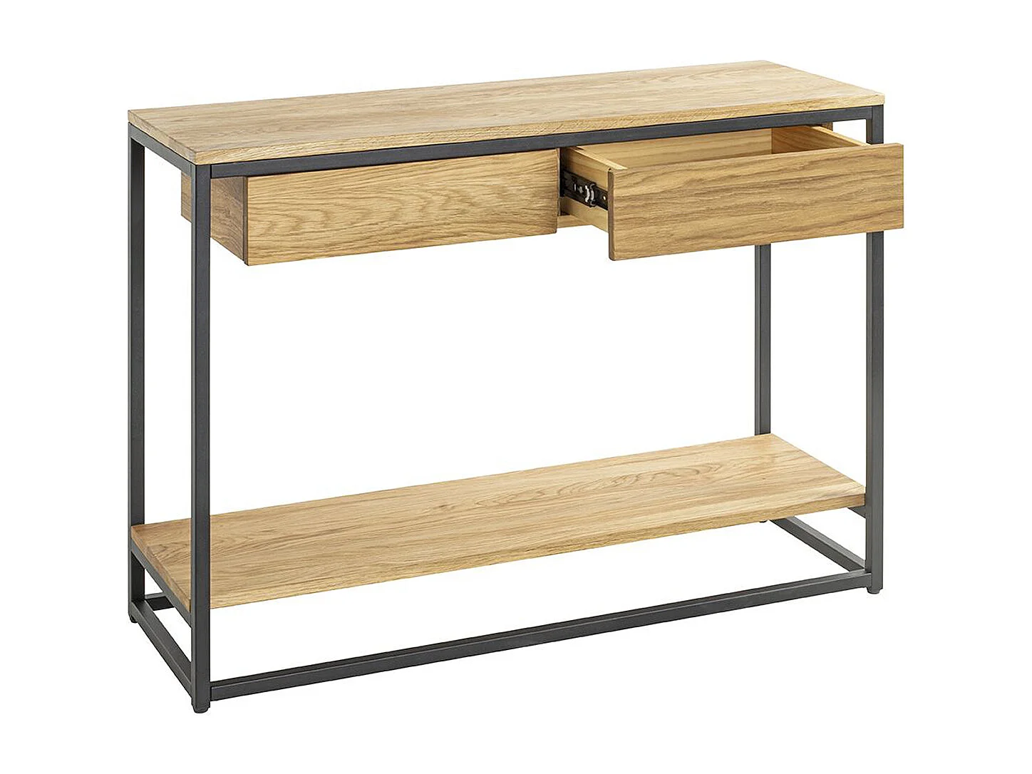 Console, meuble console en bois massif coloris chêne et métal noir -longueur  100 x profondeur  35 x hauteur  75 cm